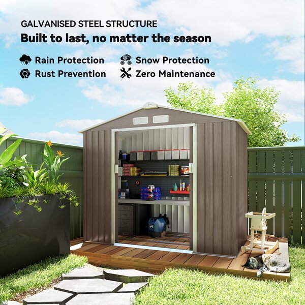 Outsunny 7 x 4ft Metal Garden Sheds with Lockable Double Doors, Metal Bike Shed with Vents & Floor Foundation, Brown Aosom UK