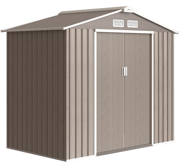 Outsunny 7 x 4ft Metal Garden Sheds with Lockable Double Doors, Metal Bike Shed with Vents & Floor Foundation, Brown Aosom UK