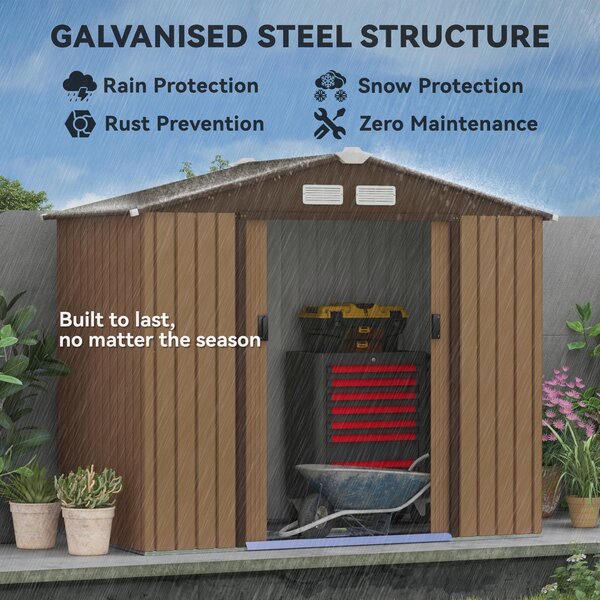 Outsunny 7 x 4 ft Lockable Garden Storage Shed, Large Patio Roofed Tool Metal Storage Building Foundation Shed for Equipment & Tools, Light Brown Aosom UK