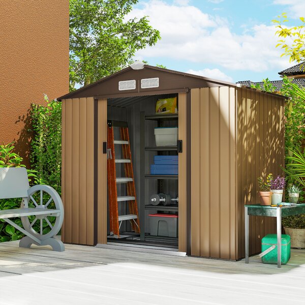 Outsunny 7 x 4 ft Lockable Garden Storage Shed, Large Patio Roofed Tool Metal Storage Building Foundation Shed for Equipment & Tools, Light Brown Aosom UK