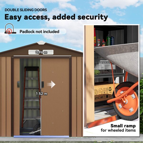 Outsunny 7 x 4 ft Lockable Garden Storage Shed, Large Patio Roofed Tool Metal Storage Building Foundation Shed for Equipment & Tools, Light Brown Aosom UK
