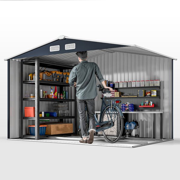 Outsunny 9 x 6FT Metal Bicycle Shed, Outdoor Yard Shed with Foundation Ventilation & Doors, Dark Grey Aosom UK