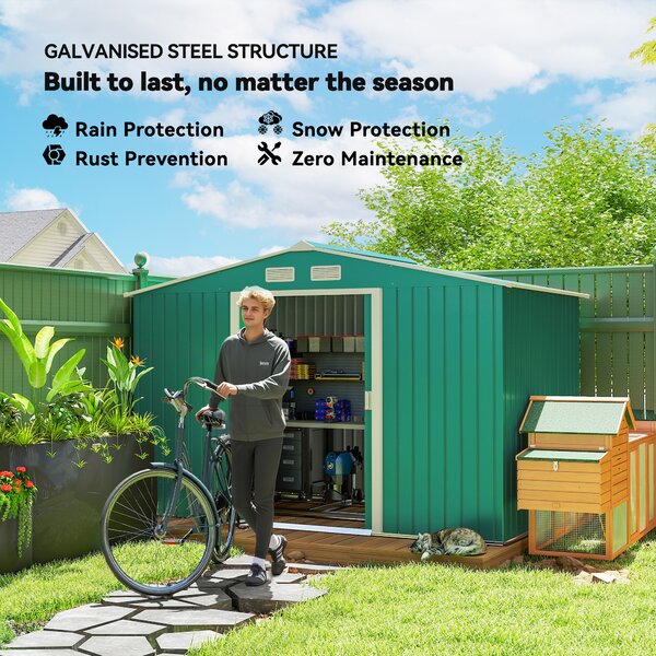 Outsunny Lockable Garden Shed Large Patio Tool Metal Storage Building Foundation Sheds Box Outdoor Furniture (9 x 6 FT, Green) Aosom UK
