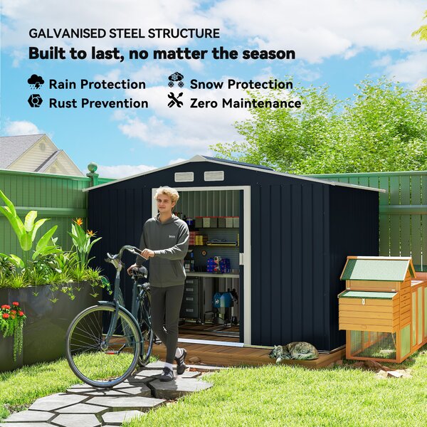 Outsunny 9 x 6FT Metal Bicycle Shed, Outdoor Yard Shed with Foundation Ventilation & Doors, Dark Grey Aosom UK
