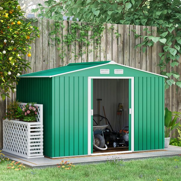 Outsunny Lockable Garden Shed Large Patio Tool Metal Storage Building Foundation Sheds Box Outdoor Furniture (9 x 6 FT, Green) Aosom UK