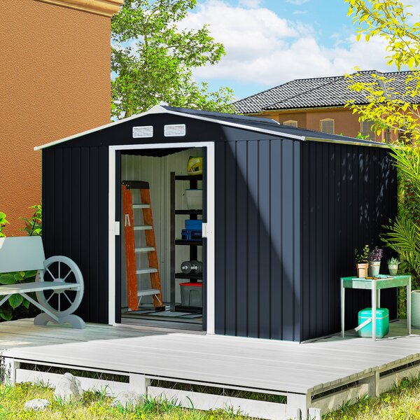 Outsunny 9 x 6FT Metal Bicycle Shed, Outdoor Yard Shed with Foundation Ventilation & Doors, Dark Grey Aosom UK