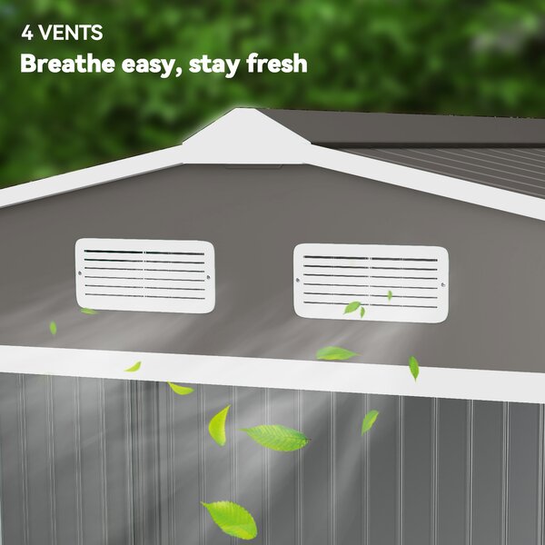 Outsunny 9x6 garden shed metal garden tool shed with ventilation roofed outdoor storage foundation doors light grey Aosom UK