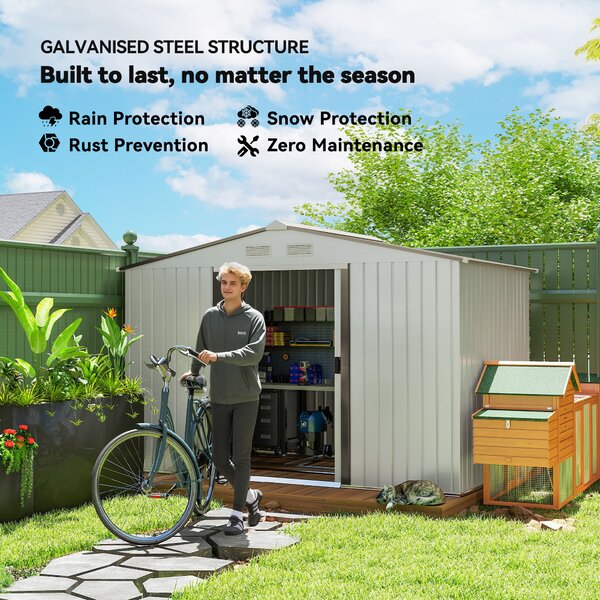 Outsunny 9 x 6ft Garden Storage Shed for Motorbike, Metal Outdoor Storage Shed House with Floor Foundation, Ventilation & Doors, Grey Aosom UK