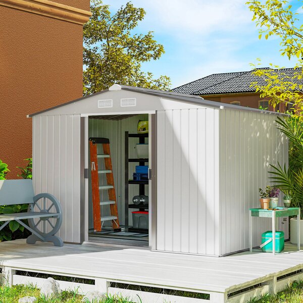 Outsunny 9 x 6ft Garden Storage Shed for Motorbike, Metal Outdoor Storage Shed House with Floor Foundation, Ventilation & Doors, Grey Aosom UK
