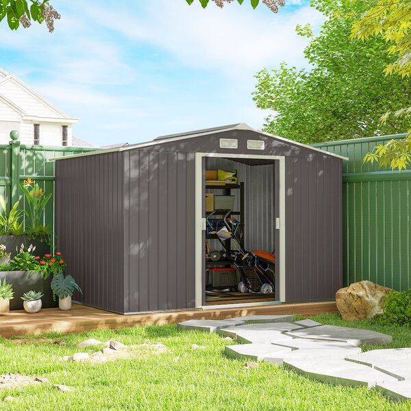Outsunny 9x6 garden shed metal garden tool shed with ventilation roofed outdoor storage foundation doors light grey Aosom UK