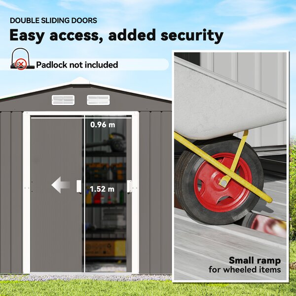 Outsunny 9x6 garden shed metal garden tool shed with ventilation roofed outdoor storage foundation doors light grey Aosom UK