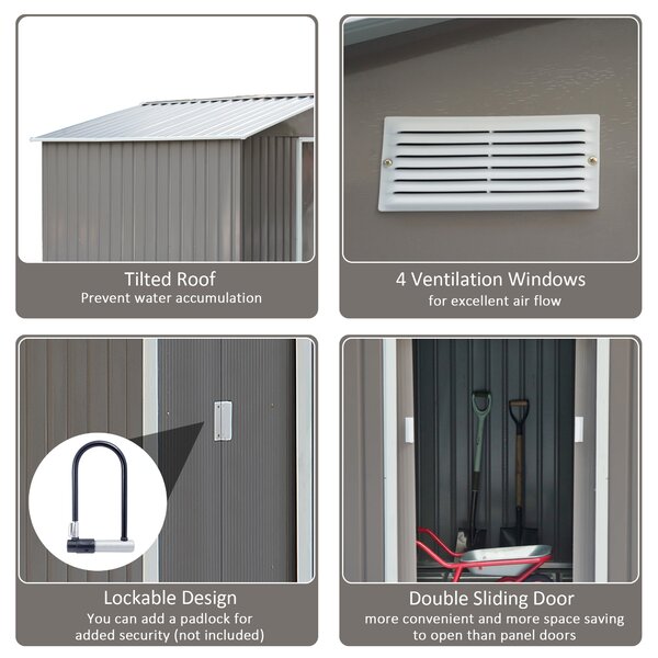 Outsunny 9x6 garden shed metal garden tool shed with ventilation roofed outdoor storage foundation doors light grey Aosom UK