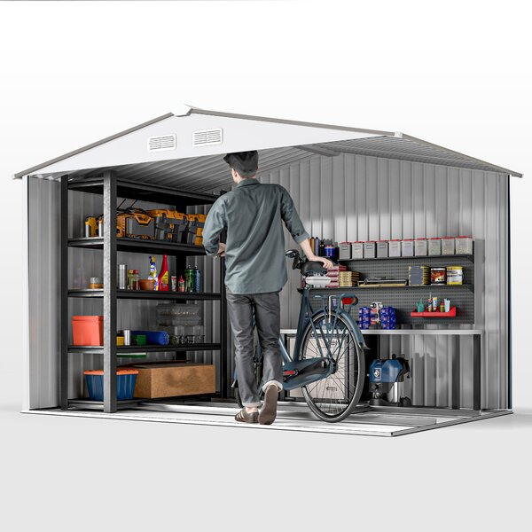 Outsunny 9 x 6ft Garden Storage Shed for Motorbike, Metal Outdoor Storage Shed House with Floor Foundation, Ventilation & Doors, Grey Aosom UK