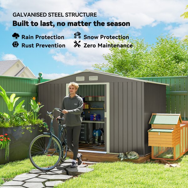Outsunny 9x6 garden shed metal garden tool shed with ventilation roofed outdoor storage foundation doors light grey Aosom UK