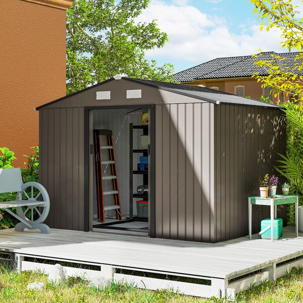 Outsunny 9 x 6ft Metal Garden Shed, Outdoor Storage Tool House with Ventilation Slots and Lockable Double Doors, Brown Aosom UK
