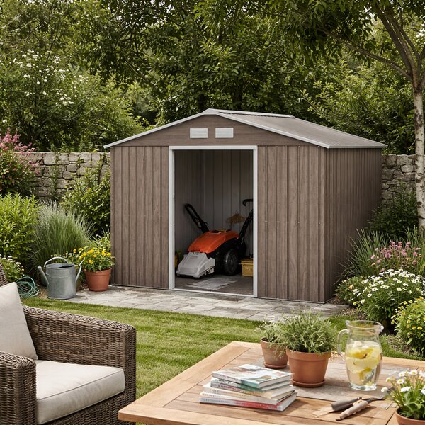 Outsunny 9 x 6ft Steel Garden Shed, Garden Tool Shed with Vents, Foundation and Lockable Double Doors, Brown Aosom UK