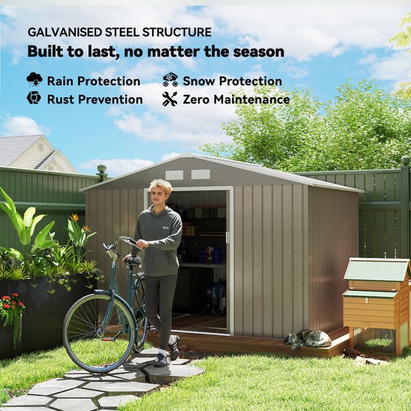 Outsunny 9 x 6ft Steel Garden Shed, Garden Tool Shed with Vents, Foundation and Lockable Double Doors, Brown Aosom UK