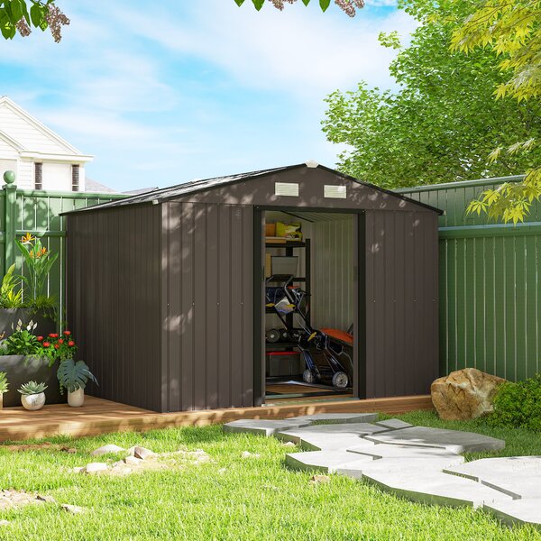 Outsunny 9 x 6ft Metal Garden Shed, Outdoor Storage Tool House with Ventilation Slots and Lockable Double Doors, Brown Aosom UK