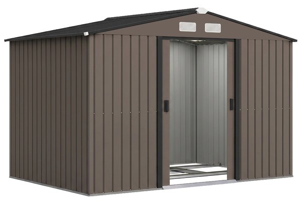 Outsunny 9 x 6ft Metal Garden Shed, Outdoor Storage Tool House with Ventilation Slots and Lockable Double Doors, Brown Aosom UK