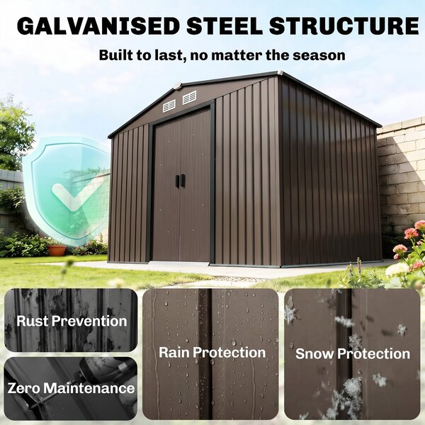 Outsunny 9 x 6ft Metal Garden Shed, Outdoor Storage Tool House with Ventilation Slots and Lockable Double Doors, Brown Aosom UK
