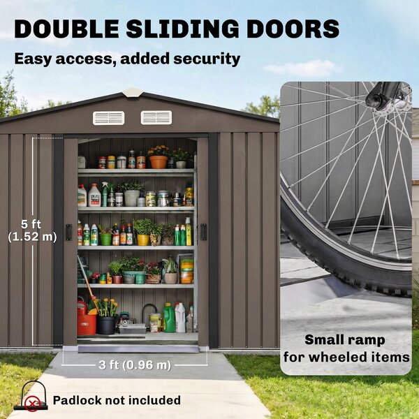 Outsunny 9 x 6ft Metal Garden Shed, Outdoor Storage Tool House with Ventilation Slots and Lockable Double Doors, Brown Aosom UK