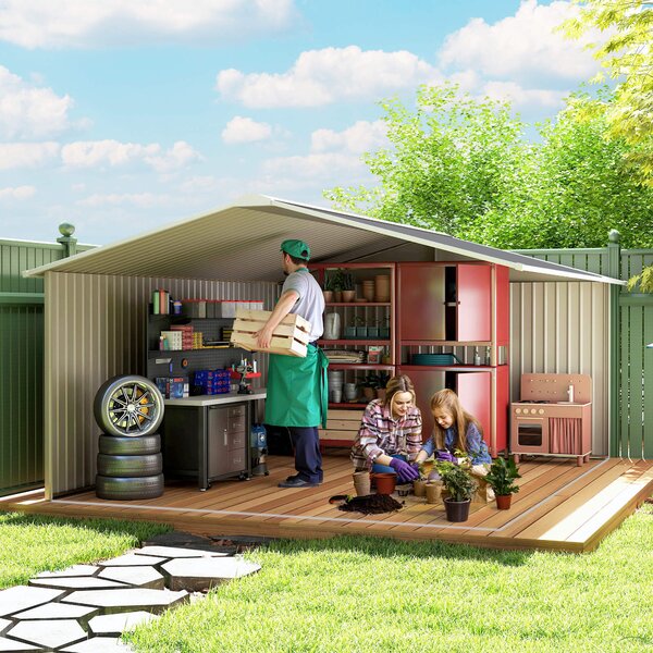 Outsunny 13 x 11ft Foundation Ventilation Steel Outdoor Garden Shed Grey