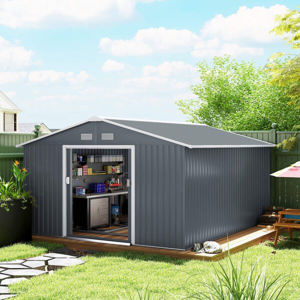 Outsunny 13 x 11ft Foundation Ventilation Steel Outdoor Garden Shed Grey