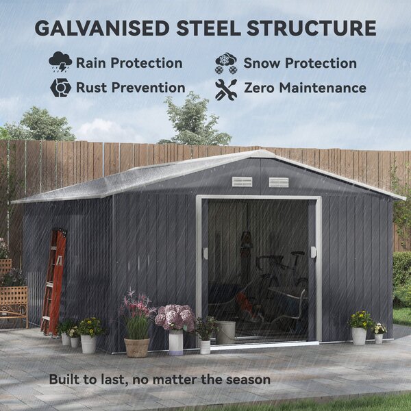 Outsunny 13 x 11ft Foundation Ventilation Steel Outdoor Garden Shed Grey