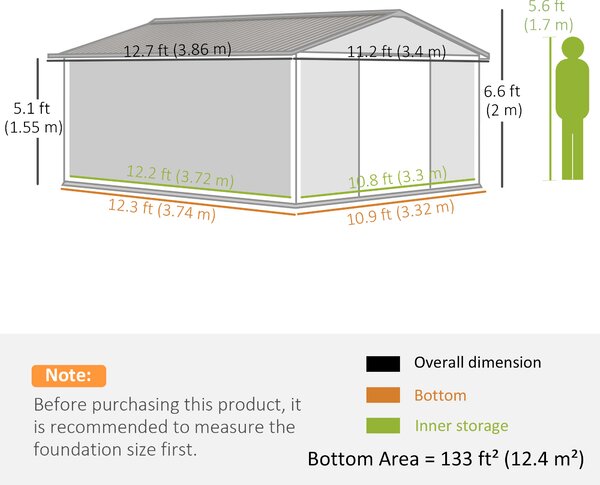 Outsunny 13 x 11ft Foundation Ventilation Steel Outdoor Garden Shed Grey