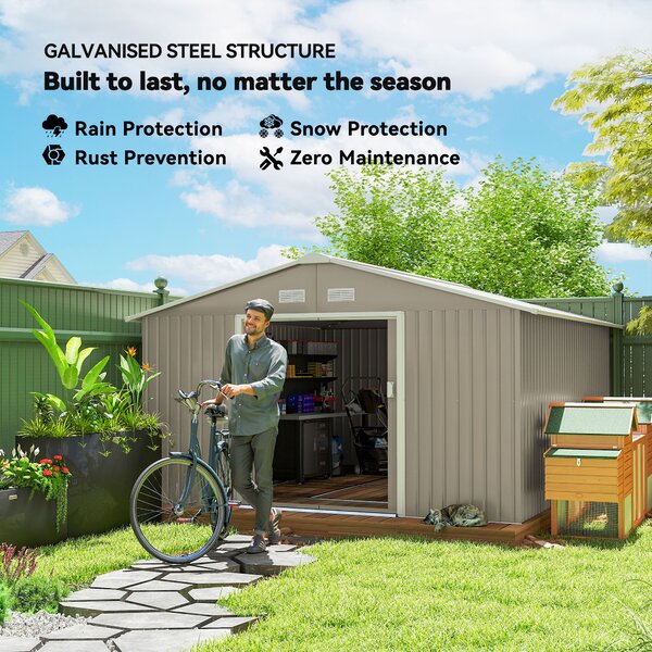 Outsunny 13 x 11ft Large Garden Shed, Mental Garden Storage Shed with Foundation Ventilation & 2 Lockable Doors, Light Grey Aosom UK