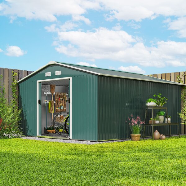 Outsunny 12.5ft Sliding Door Durable Steel Storage Shed, Green Aosom UK