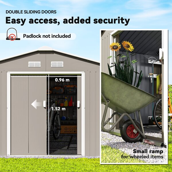 Outsunny 13 x 11ft Large Garden Shed, Mental Garden Storage Shed with Foundation Ventilation & 2 Lockable Doors, Light Grey Aosom UK
