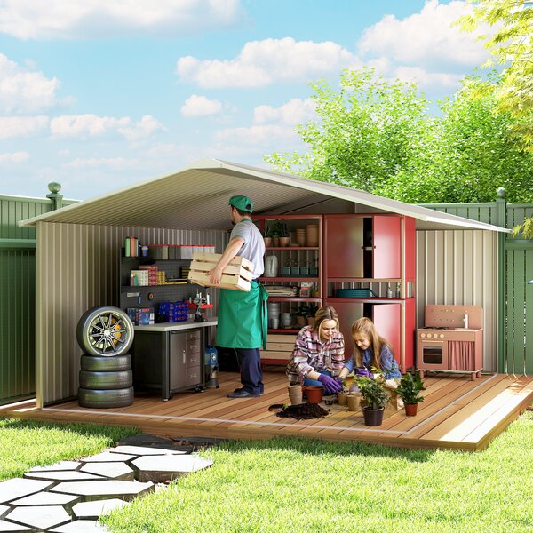 Outsunny 13 x 11ft Large Garden Shed, Mental Garden Storage Shed with Foundation Ventilation & 2 Lockable Doors, Light Grey Aosom UK