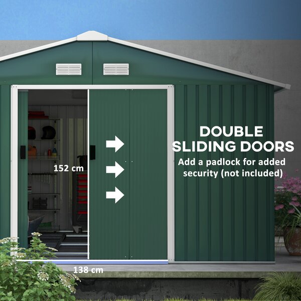 Outsunny 12.5ft Sliding Door Durable Steel Storage Shed, Green Aosom UK