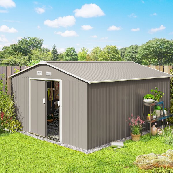 Outsunny 13 x 11ft Large Garden Shed, Mental Garden Storage Shed with Foundation Ventilation & 2 Lockable Doors, Light Grey Aosom UK