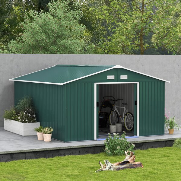 Outsunny 12.5ft Sliding Door Durable Steel Storage Shed, Green Aosom UK