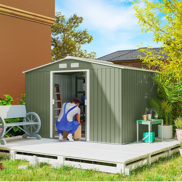 Outsunny 9 x 6 ft Metal Garden Storage Shed Corrugated Steel Roofed Tool Box with Foundation Ventilation and Doors, Light Green Aosom UK