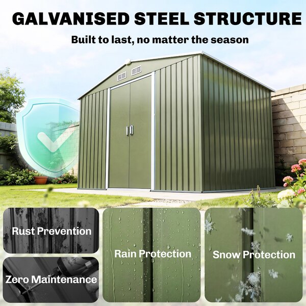 Outsunny 9 x 6 ft Metal Garden Storage Shed Corrugated Steel Roofed Tool Box with Foundation Ventilation and Doors, Light Green Aosom UK