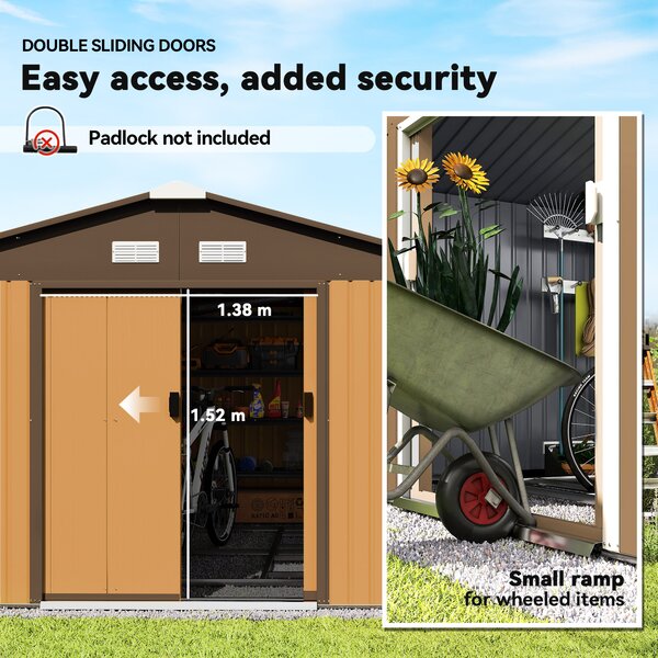 Outsunny 13 x 11 ft Metal Garden Shed Large Patio Roofed Tool Storage Box with Foundation Ventilation and Sliding Doors, Light Brown Aosom UK