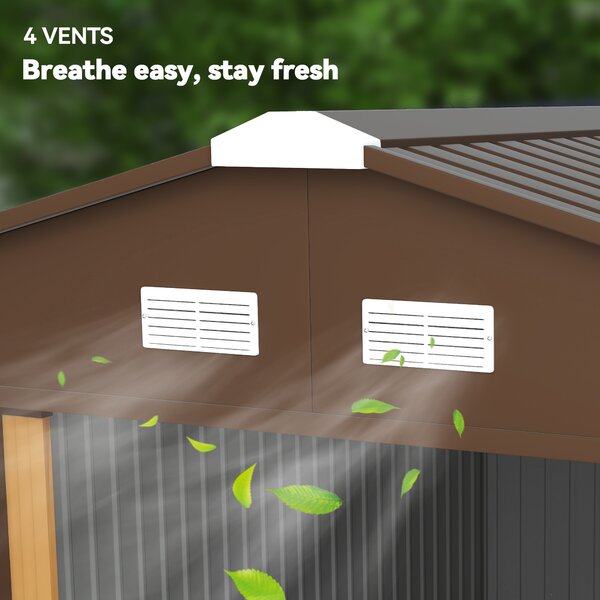 Outsunny 13 x 11 ft Metal Garden Shed Large Patio Roofed Tool Storage Box with Foundation Ventilation and Sliding Doors, Light Brown Aosom UK