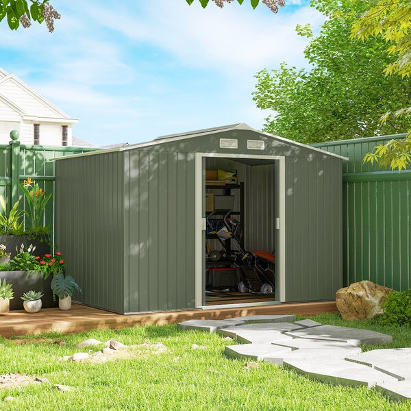 Outsunny 9 x 6 ft Metal Garden Storage Shed Corrugated Steel Roofed Tool Box with Foundation Ventilation and Doors, Light Green Aosom UK