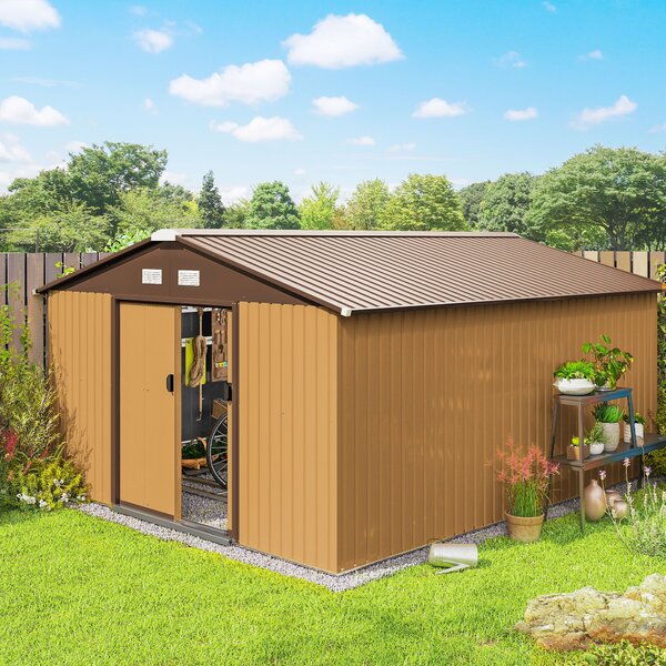 Outsunny 13 x 11 ft Metal Garden Shed Large Patio Roofed Tool Storage Box with Foundation Ventilation and Sliding Doors, Light Brown Aosom UK