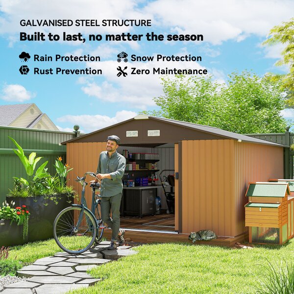 Outsunny 13 x 11 ft Metal Garden Shed Large Patio Roofed Tool Storage Box with Foundation Ventilation and Sliding Doors, Light Brown Aosom UK