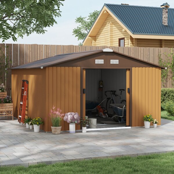 Outsunny 13 x 11 ft Metal Garden Shed Large Patio Roofed Tool Storage Box with Foundation Ventilation and Sliding Doors, Light Brown Aosom UK