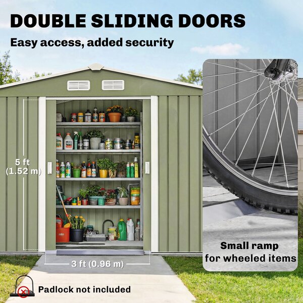 Outsunny 9 x 6 ft Metal Garden Storage Shed Corrugated Steel Roofed Tool Box with Foundation Ventilation and Doors, Light Green Aosom UK
