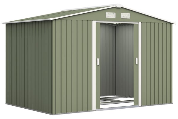 Outsunny 9 x 6 ft Metal Garden Storage Shed Corrugated Steel Roofed Tool Box with Foundation Ventilation and Doors, Light Green Aosom UK