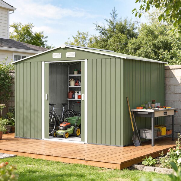 Outsunny 9 x 6 ft Metal Garden Storage Shed Corrugated Steel Roofed Tool Box with Foundation Ventilation and Doors, Light Green Aosom UK