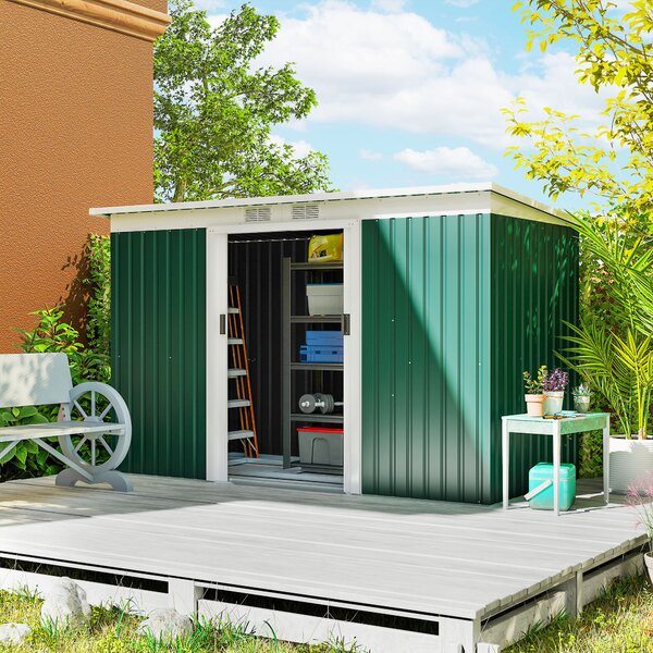 Outsunny 9ft x 4.25ft Corrugated Garden Metal Storage Shed Outdoor Equipment Tool Box with Foundation Ventilation & Doors Deep Green Aosom UK