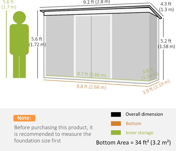 Outsunny 9 x 4 ft Metal Garden Storage Shed Patio Corrugated Steel Roofed Tool Box with Base, Kit Ventilation and Doors, Dark Grey