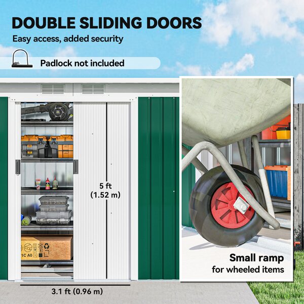 Outsunny 9ft x 4.25ft Corrugated Garden Metal Storage Shed Outdoor Equipment Tool Box with Foundation Ventilation & Doors Deep Green Aosom UK